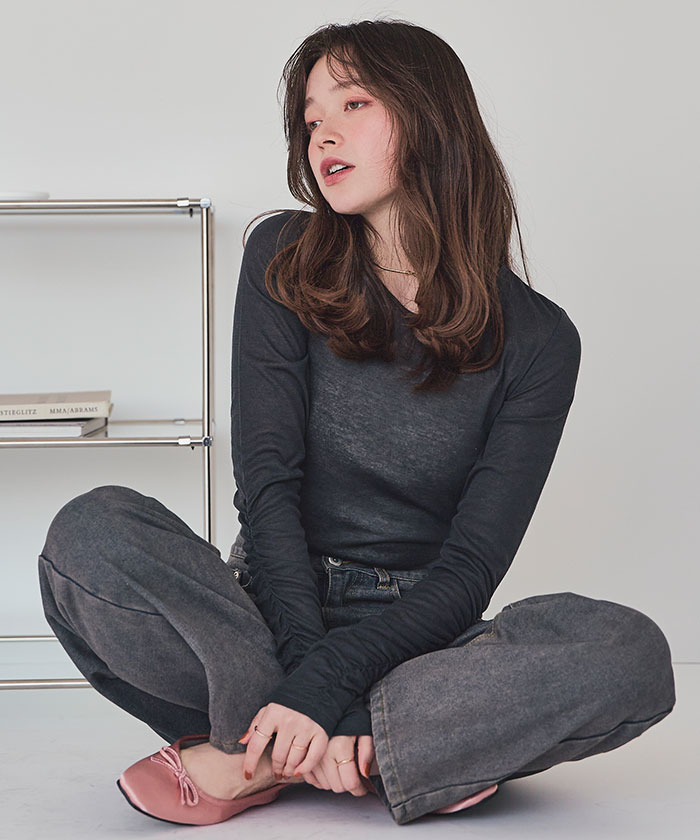袖シャーリングシアートップス【メール便可／60】通販