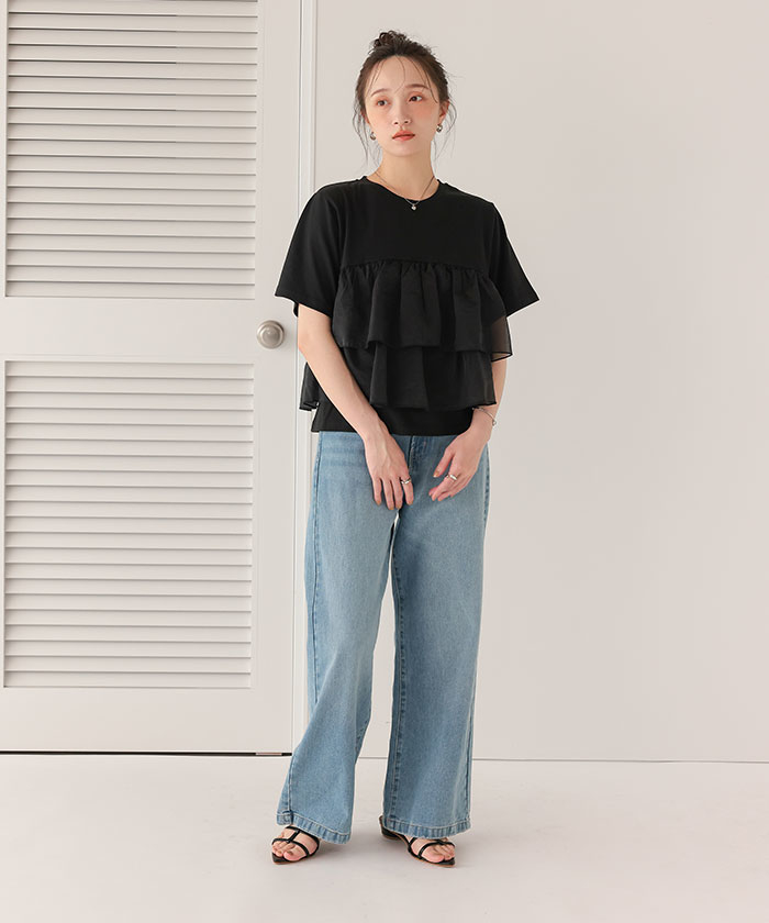 tシャツ オーガンジーフリルドッキングロングスリーブ レディース GIRL｜フリルドッキングロングスリーブTシャツ カットソー
