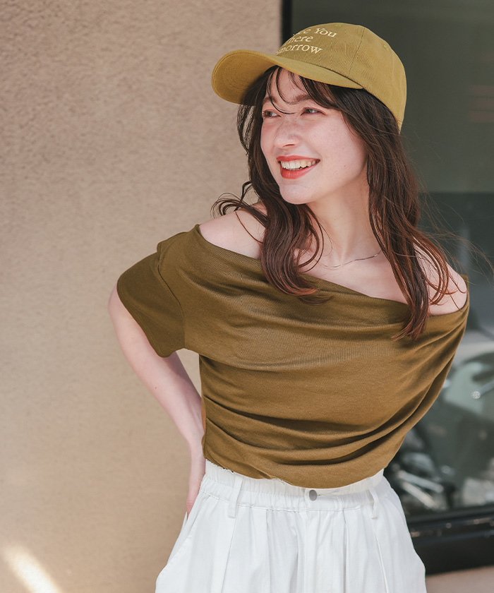 tシャツ ハーフZIPオフショルカットトップス レディース tシャツ チョーカー付きフロントZIPトップス レディース