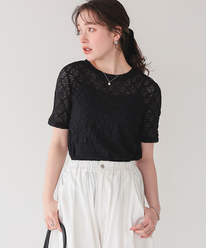 2color 】レースアップショートスリムカットソートップス