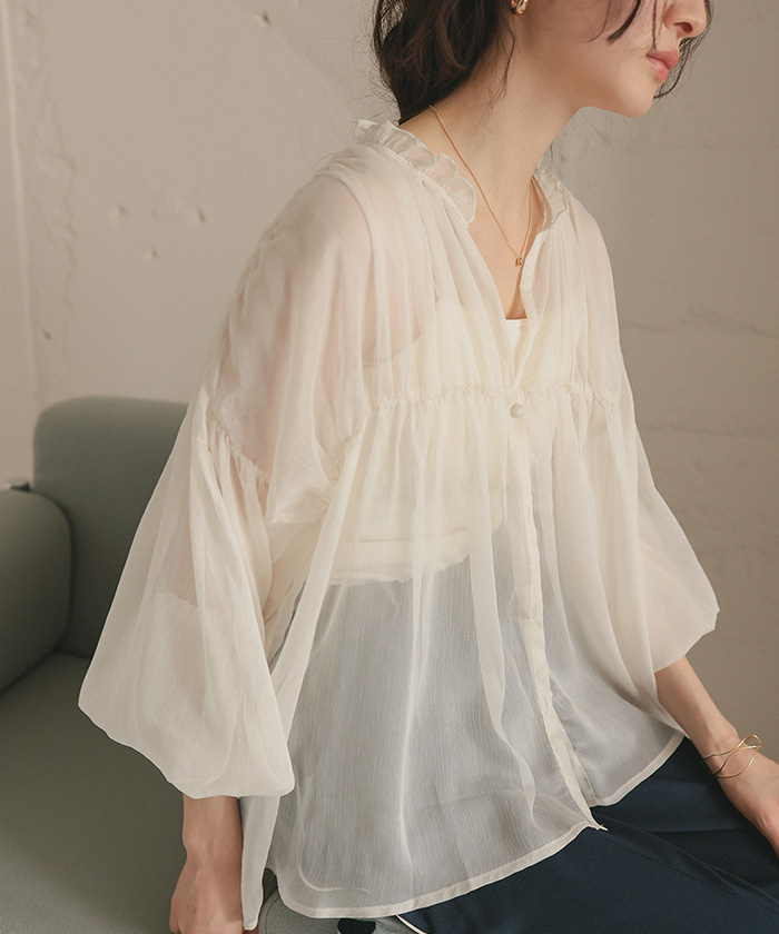 tricot COMME desGARÇONS シアーギャザーブラウス ピンク トップス