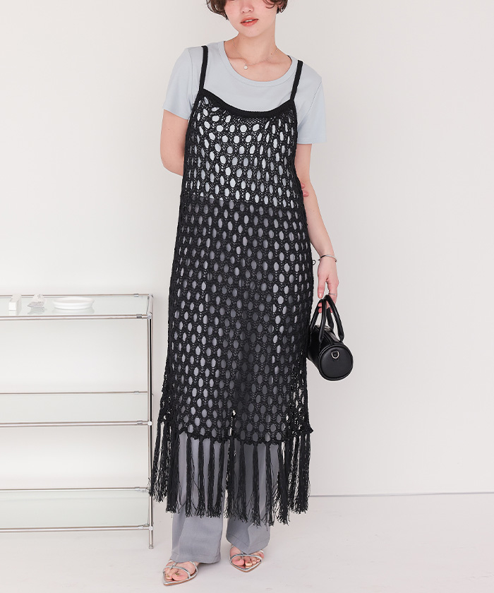 ◆ELIE TAHARI ホタテメランジワンピース マクラメ編みフリンジワンピース通販｜レディースファッション