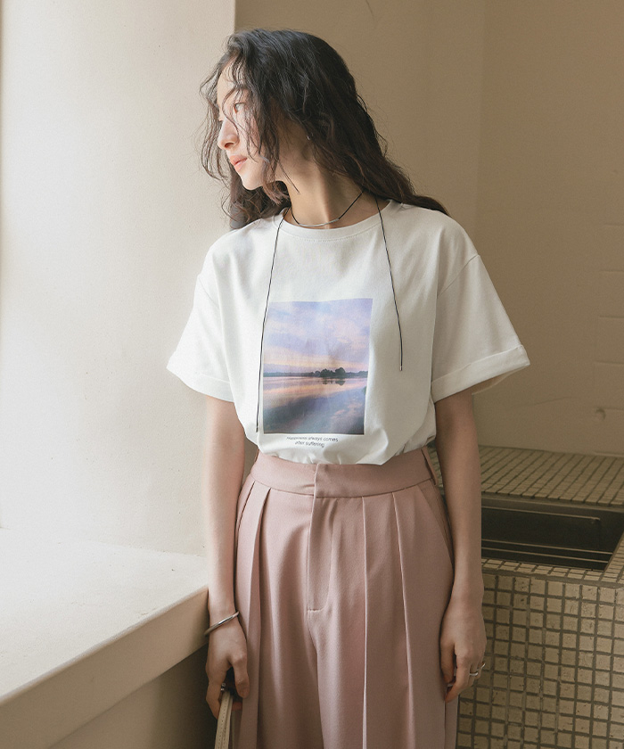 tシャツ チュールフォトプリントTシャツ レディース moment+ tシャツ チュールバルーンフォトプリント半袖Tシャツ