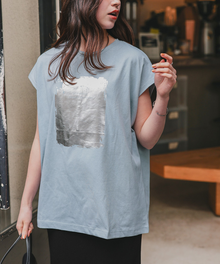 フレンチスリーブ箔ロゴTEE 箔プリントフレンチスリーブTシャツ【メール便可／90】通販