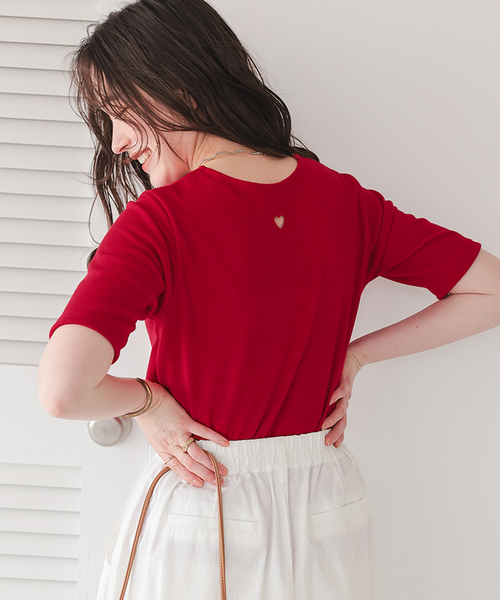 ハートカット刺繍前後2wayハーフスリーブTシャツ【メール便可