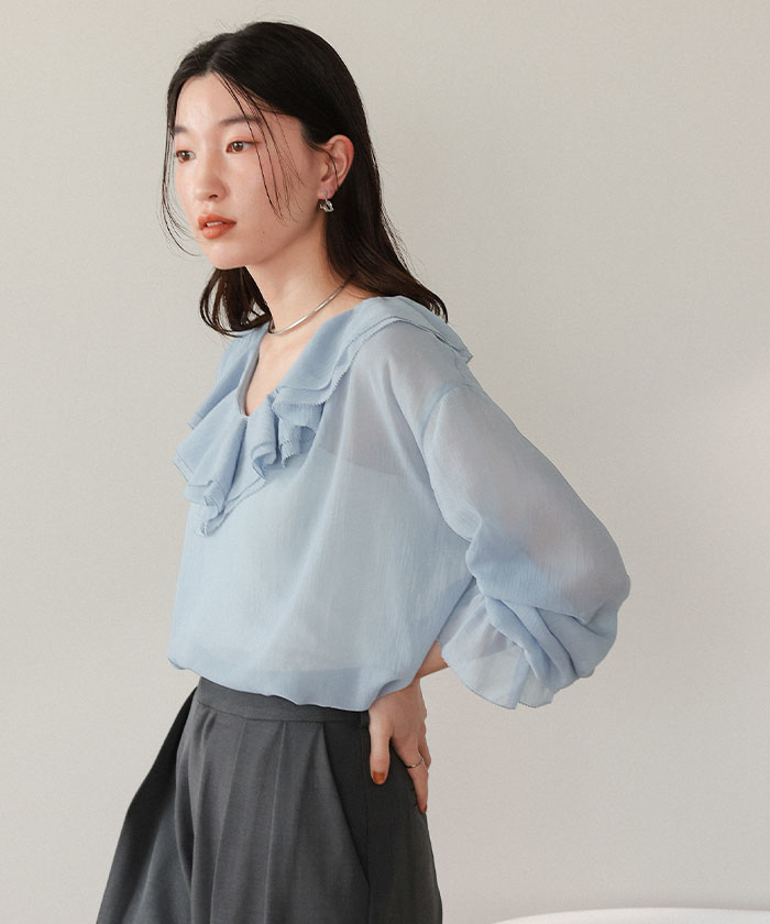 ★Coast レースフリルラッフルｘベルトフレア 魅惑的マキシ★ パール釦ラッフルフリルスリーブレースブラウス