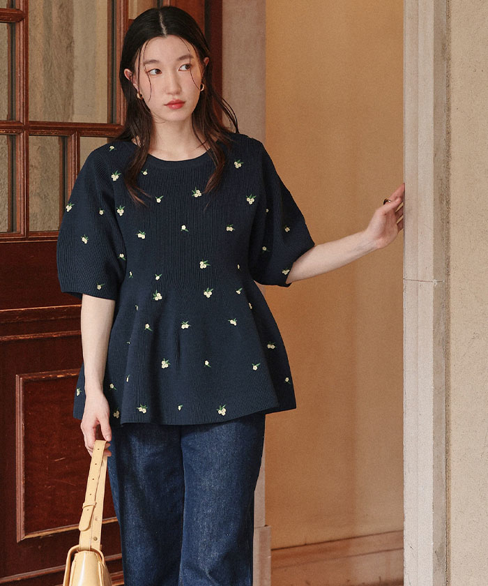 フラワー刺繍ペプラムニットトップス通販｜レディース