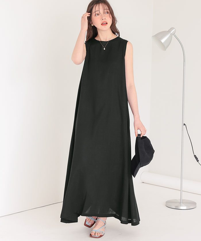 H1072◾️ケービーエフ　リネン混マキシ丈ワンピース　ウエストリボン FREE STYLISTS ワンピース ウエストリボン2WAYマキシ丈