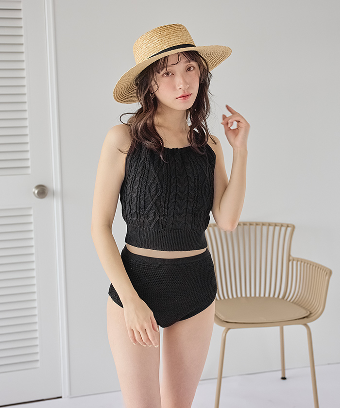 水着 キャミソール ツイスト フレア ノースリーブ 2colors M/XL セール】水着レディース フレアハイネックビキニ スカート 2点